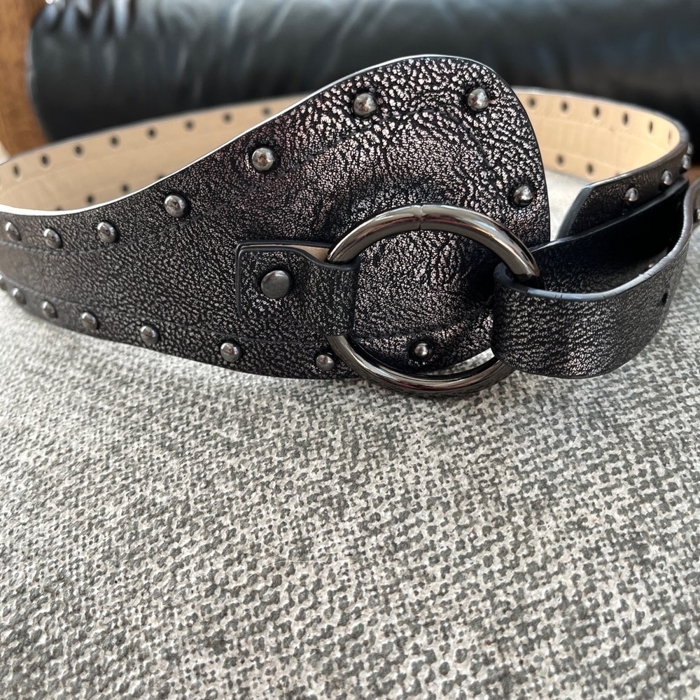 BELT Metallic Pewter Colour Faux Leather Gunmetal Colour Studs Buckle Chic